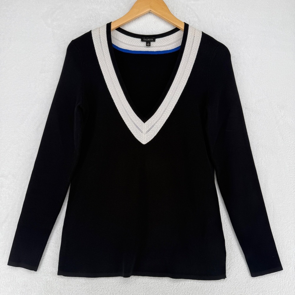 Talbots Black V-Neck Sweater Womens Size‎ S Chevron Trim Long Sleeve Preppy EUC